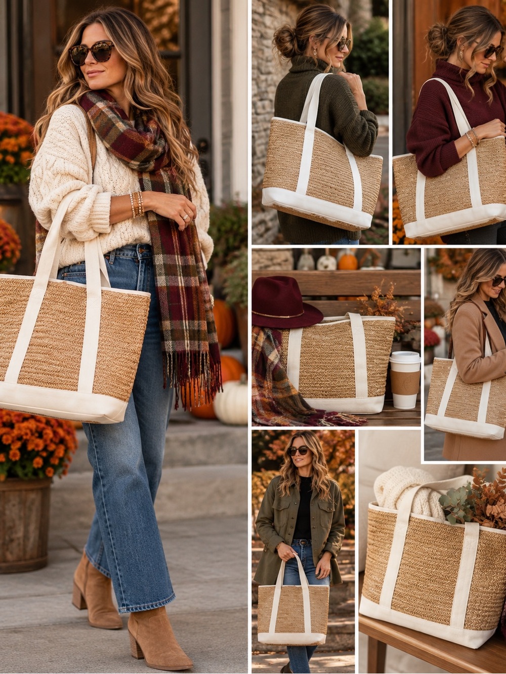 MUMU Canvas-Trim Straw Tote Bag in Natural/White